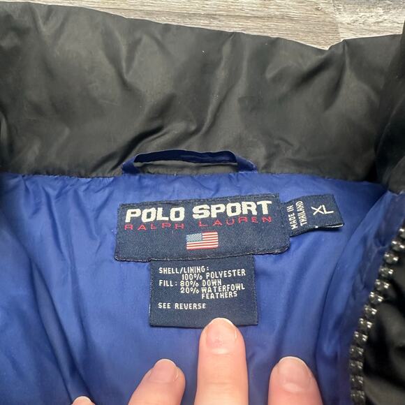 Vintage 90s Polo Sport Ralph Lauren Black Blue Mens XL Zip Up Down Puffer Jacket - Picture 5 of 13
